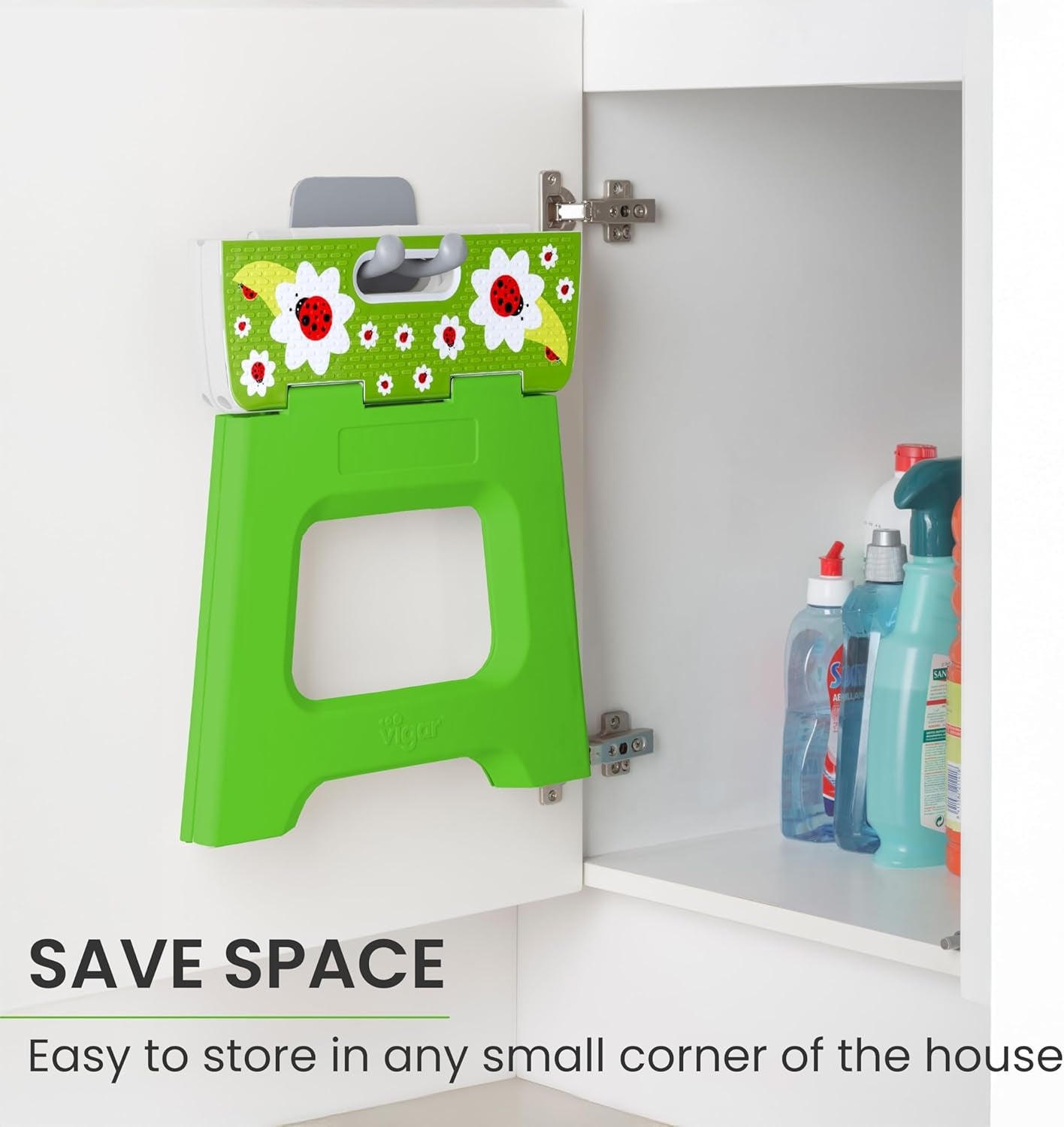 Vigar Compact Foldable Step Stool - Lightweight, Non-Slip Design for Adults up to 330 lbs - Cute Ladybug Top!