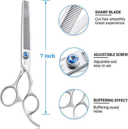 JASON 7" 50 Teeth Thinning Dog Grooming Blending Scissor, Ergonomic Pet Grooming Thinner Blender Shears Cat Trimming Texturizing Kit with Offset Handle and a Jewelled Screw, 30% Thinning Rate