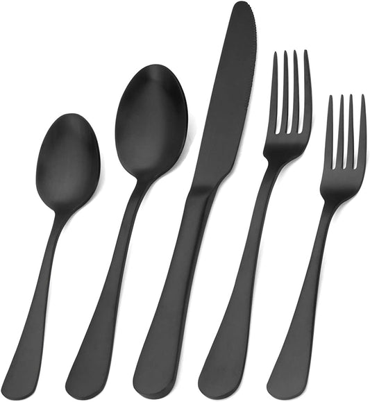 Elegant Matte Black Stainless Steel Flatware Set - 20-Piece Service for 4, Dishwasher Safe Kitchen Utensils for Home & Restaurant