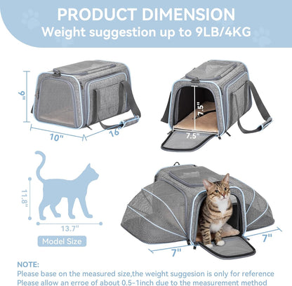 Petsfit Expandable Small Cat Carriers Dog Carrier, Airline Approved Soft-Sided Portable Washable Pet Travel Carrier with Two Extension up to 9LB