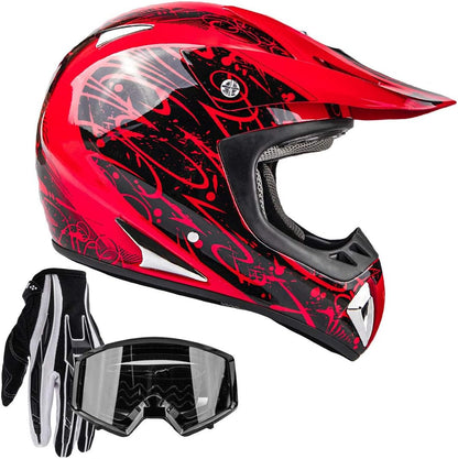 Typhoon Helmets Typhoon ATV Motorcycle Helmet with Goggles & Gloves - DOT Certified Off-Road Racing Protection Gear Set for Adults/Teens - Durable MX Combo Pack