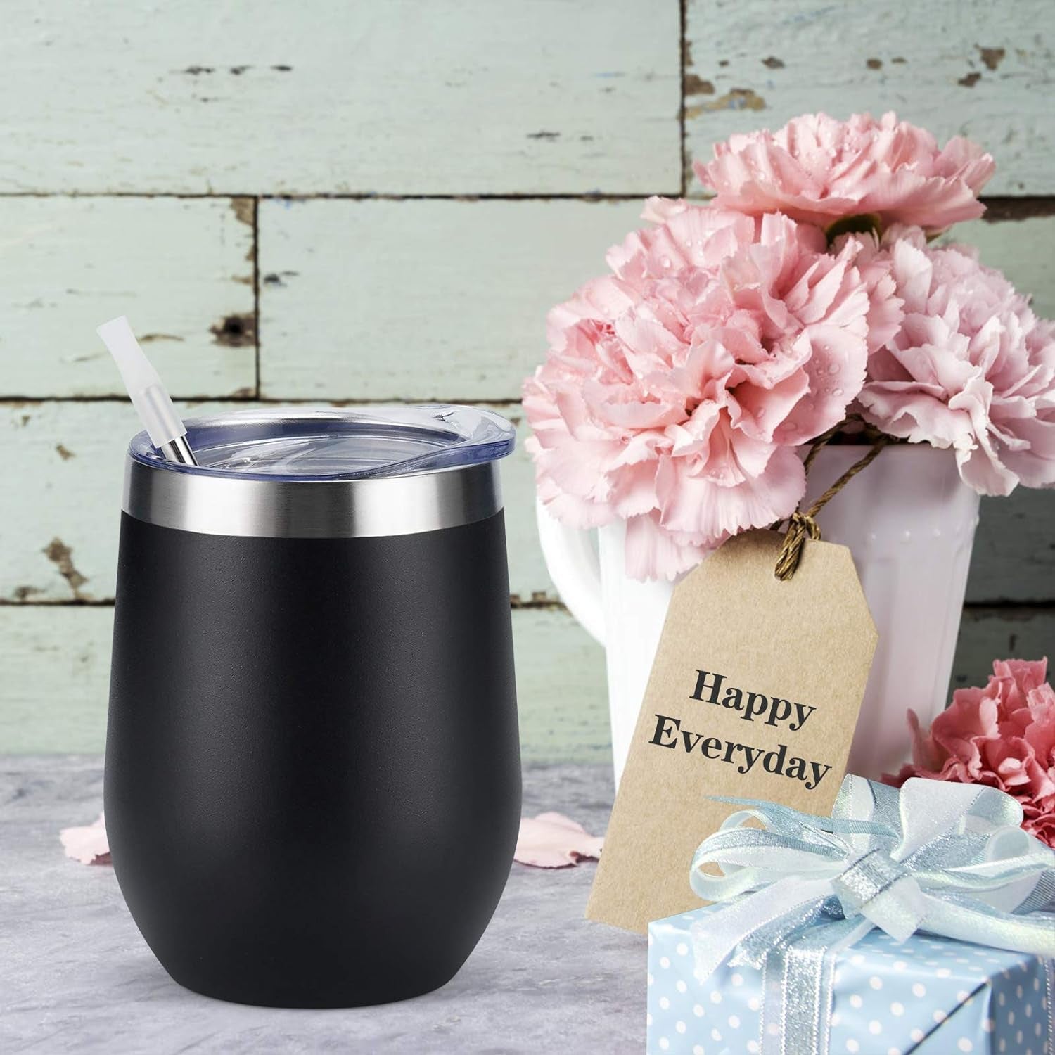 Set of 8 Insulated 12Oz Stainless Steel Wine Tumblers - Double Wall Stemless Cups with Lids for Wine, Coffee, Cocktails & Champagne - Sleek Black Design