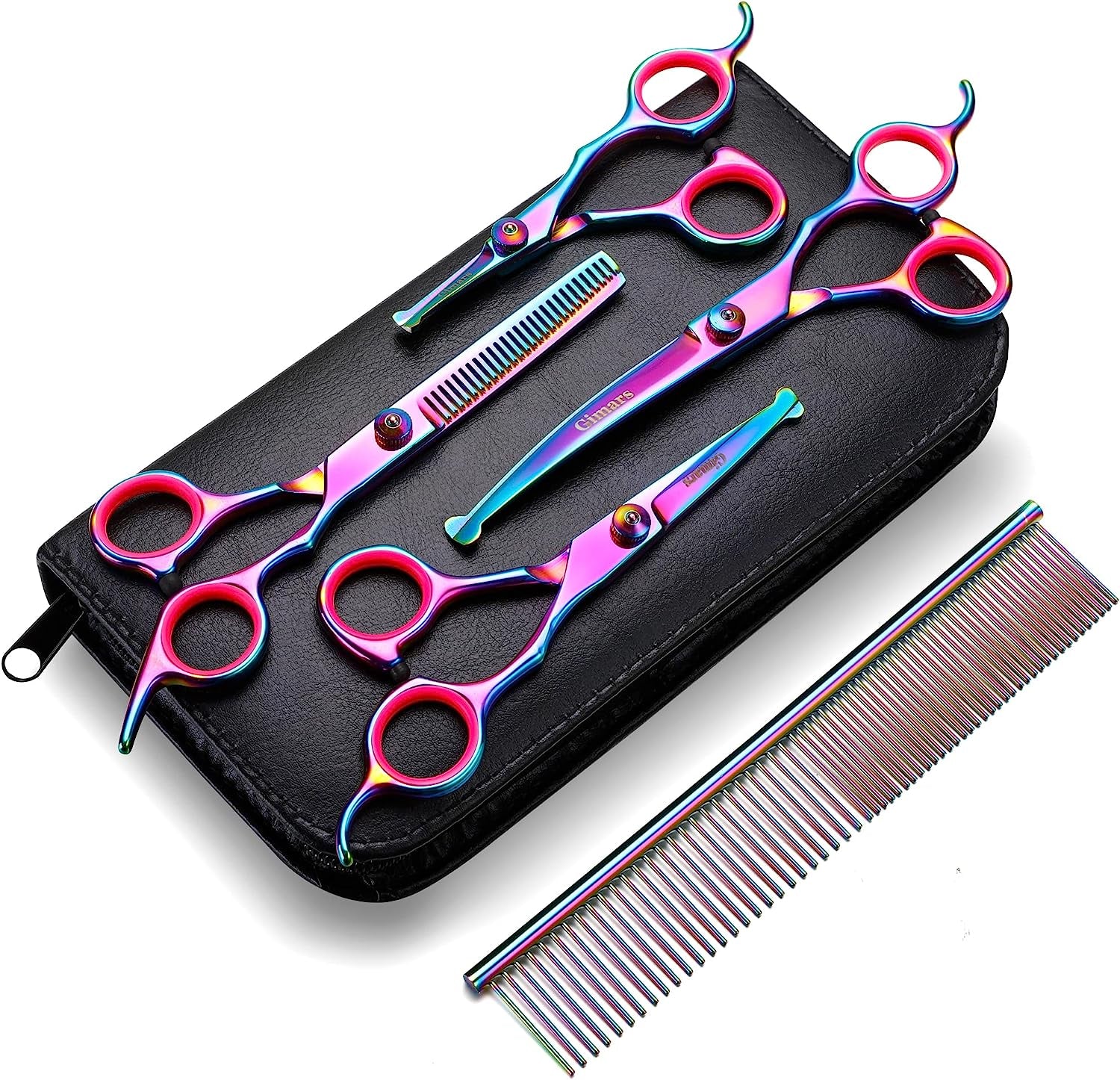 Gimars Professional 4CR Stainless Steel 6 in 1 Grooming Scissors for Dogs with Safety round Tip, Heavy Duty Titanium Coated Pet Grooming Scissor for Dogs, Cats and Other Animals