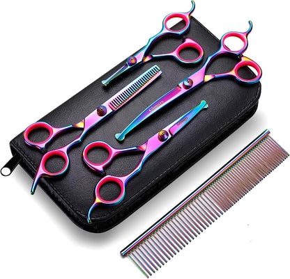 Gimars Professional 4CR Stainless Steel 6 in 1 Grooming Scissors for Dogs with Safety round Tip, Heavy Duty Titanium Coated Pet Grooming Scissor for Dogs, Cats and Other Animals