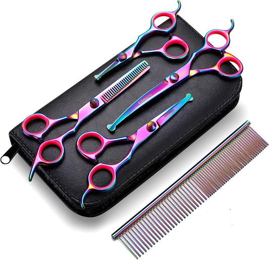 Gimars Professional 4CR Stainless Steel 6 in 1 Grooming Scissors for Dogs with Safety round Tip, Heavy Duty Titanium Coated Pet Grooming Scissor for Dogs, Cats and Other Animals