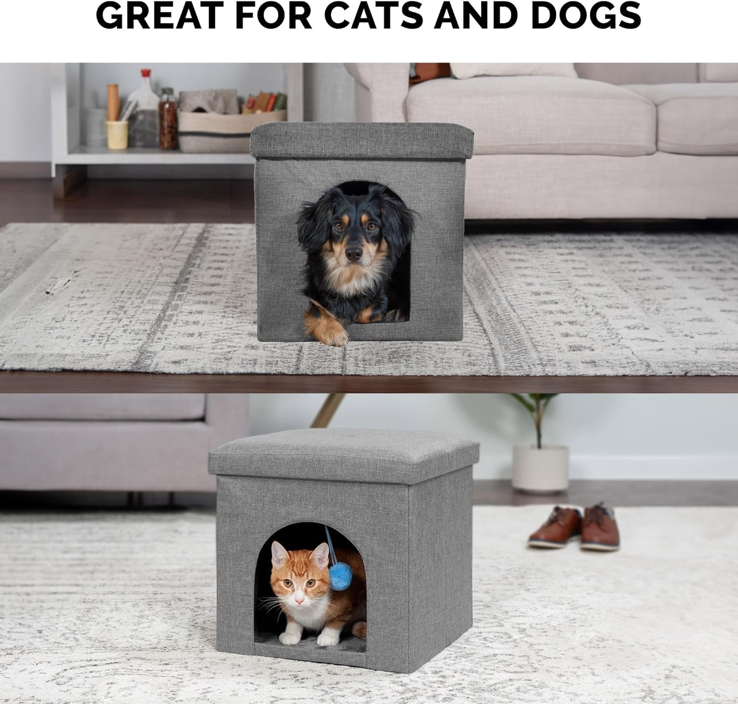 Furhaven Pet House for Indoor Cats & Small Dogs, Collapsible & Foldable W/ Plush Ball Toy - Living Room Footstool Cat Condo - Stormy Gray, Small