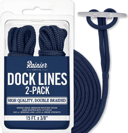 Rainiersupplyco Dock Lines - Boat Rope for Docking with Loop - 30 Ft X 3/4 Inch Premium Double Braided Nylon Marine Rope - Mooring Line with 18" Eyelet - Boat Accessories - Navy Blue