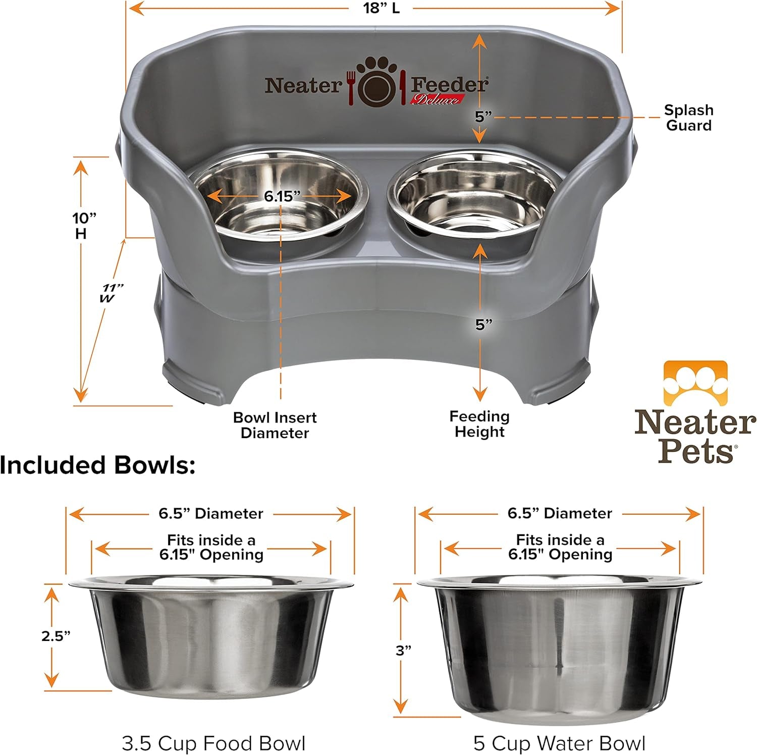 Neater Pet Brands Neater Feeder Deluxe Mess Proof Dog Bowls Elevated for Medium Dogs 19-40 Lbs, Made in USA, No Spill Raised Dog Food Bowl Stand Feeding Station, Food and Water Bowl Set, Grey