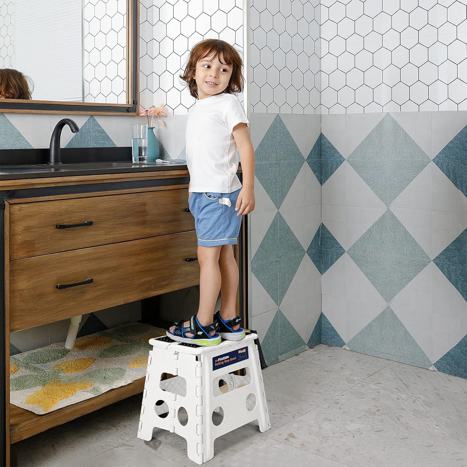 Flottian 13" Folding Step Stool - Heavy-Duty Non-Slip Stool for Adults & Kids, Compact & Portable Design for Home Use, Supports Up to 300 Lbs, Ideal for Bathroom, Bedroom & Kitchen - White