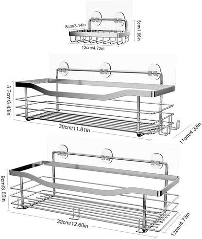 Orimade 3-Pack Wall-Mounted Shower Caddy with 5 Hooks - Rustproof SUS304 Stainless Steel Bathroom & Kitchen Organizer, No Drilling Needed!
