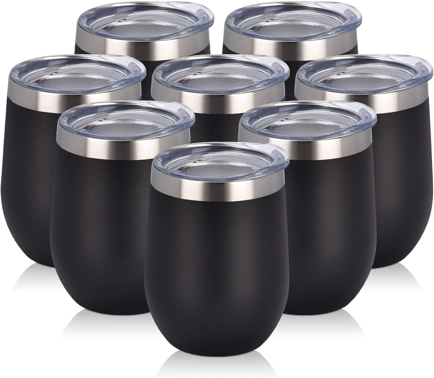 Set of 8 Insulated 12Oz Stainless Steel Wine Tumblers - Double Wall Stemless Cups with Lids for Wine, Coffee, Cocktails & Champagne - Sleek Black Design