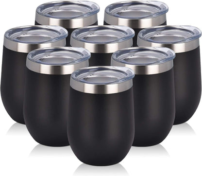 Set of 8 Insulated 12Oz Stainless Steel Wine Tumblers - Double Wall Stemless Cups with Lids for Wine, Coffee, Cocktails & Champagne - Sleek Black Design