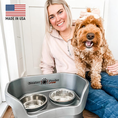 Neater Pet Brands Neater Feeder Deluxe Mess Proof Dog Bowls Elevated for Medium Dogs 19-40 Lbs, Made in USA, No Spill Raised Dog Food Bowl Stand Feeding Station, Food and Water Bowl Set, Grey