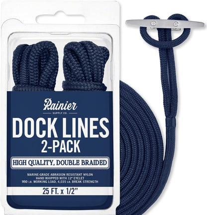 Rainiersupplyco Dock Lines - Boat Rope for Docking with Loop - 30 Ft X 3/4 Inch Premium Double Braided Nylon Marine Rope - Mooring Line with 18" Eyelet - Boat Accessories - Navy Blue