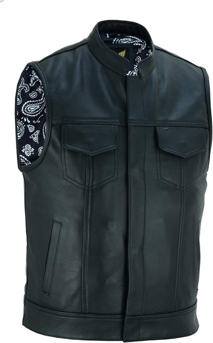 Leatherick Mens Black Motorcycle Vests - SOA Club & Traditional Paisley Satin Liner Leather Biker Vests