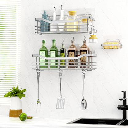 Orimade 3-Pack Wall-Mounted Shower Caddy with 5 Hooks - Rustproof SUS304 Stainless Steel Bathroom & Kitchen Organizer, No Drilling Needed!