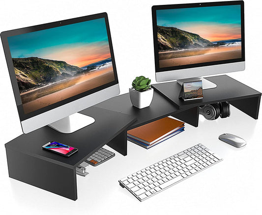 FITUEYES Dual Monitor Stand - Adjustable 3-Shelf Wood Riser for Optimal Desk Organization, Stylish Black Design