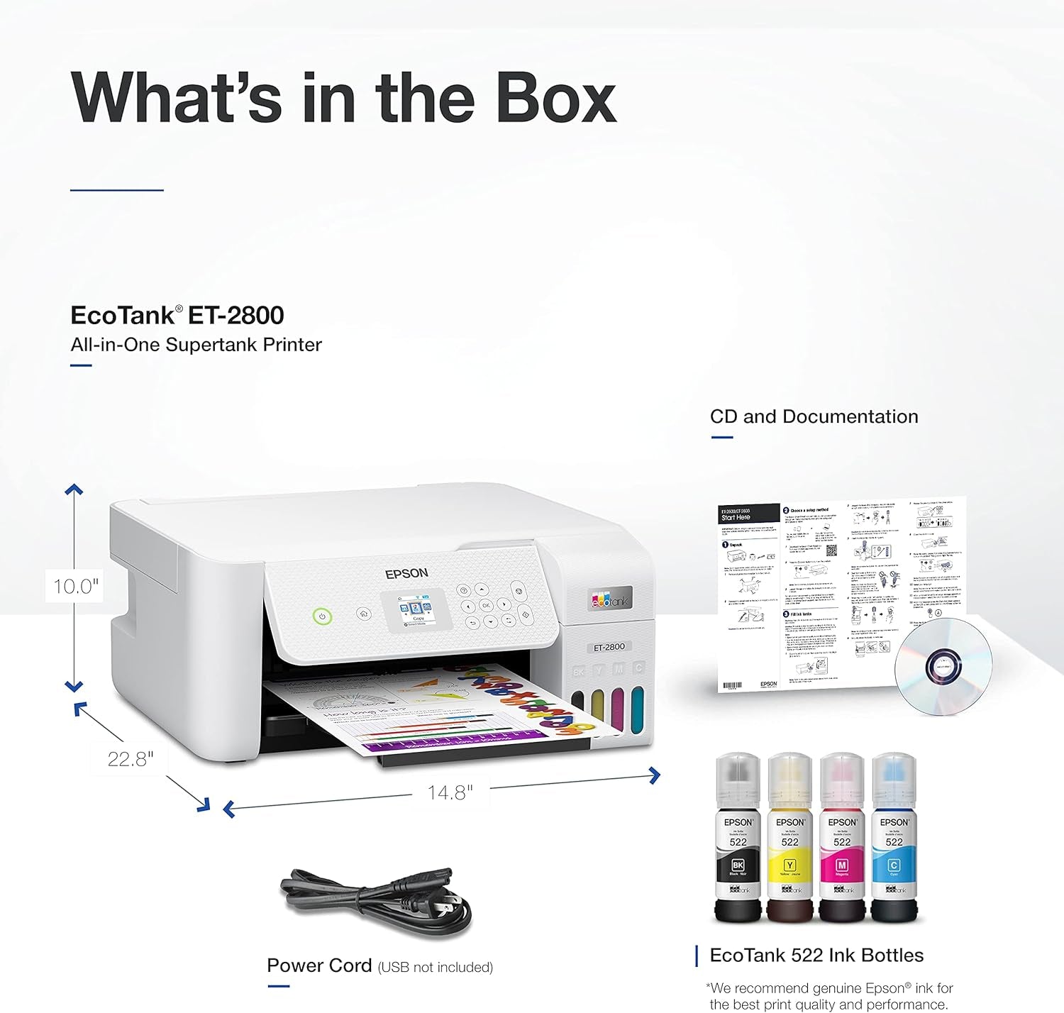 Epson EcoTank ET-2800 Wireless All-In-One Supertank Printer – Cartridge-Free, Scan & Copy, Perfect for Home Use - White