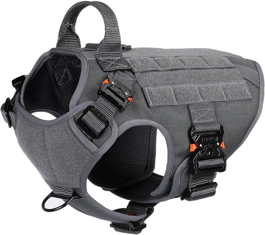 ICEFANG Tactical Dog Harness with 4X Metal Buckle,Working Dog MOLLE K9 Vest with Handle,No Pulling Front Clip,Adjustable Pet Harness for Meduim Dogs (M (25"-31" Chest), Grey)
