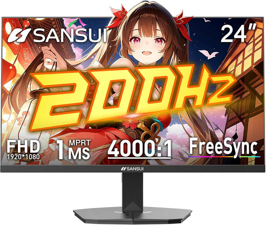 SANSUI 24" Gaming Monitor - 200Hz Refresh Rate, FHD 1080P, 1ms Response Time, 110% sRGB, HDMI & DP Ports, VESA Support - Perfect for Gaming & Office Use (HDMI Cable Included)