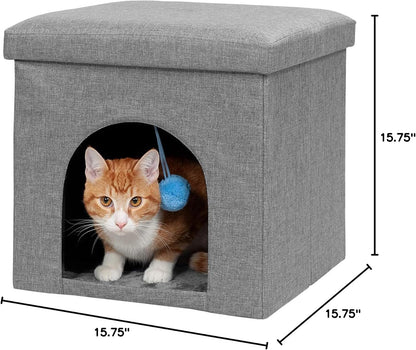 Furhaven Pet House for Indoor Cats & Small Dogs, Collapsible & Foldable W/ Plush Ball Toy - Living Room Footstool Cat Condo - Stormy Gray, Small