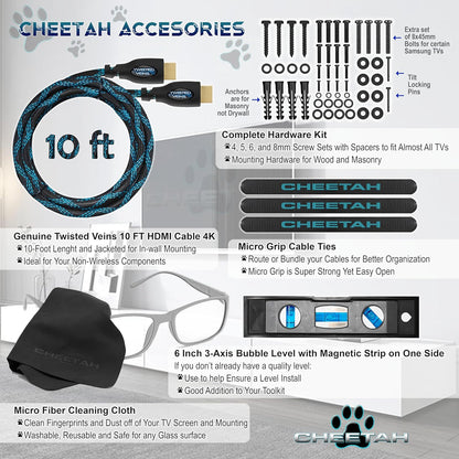 Cheetah Ultra Slim Tilt TV Mount for 32-86 Inch TVs, Supports 165Lbs, Includes 10Ft HDMI Cable, Fits 16-24" Studs, Adjustable 15° Tilt, Max VESA 600x400mm