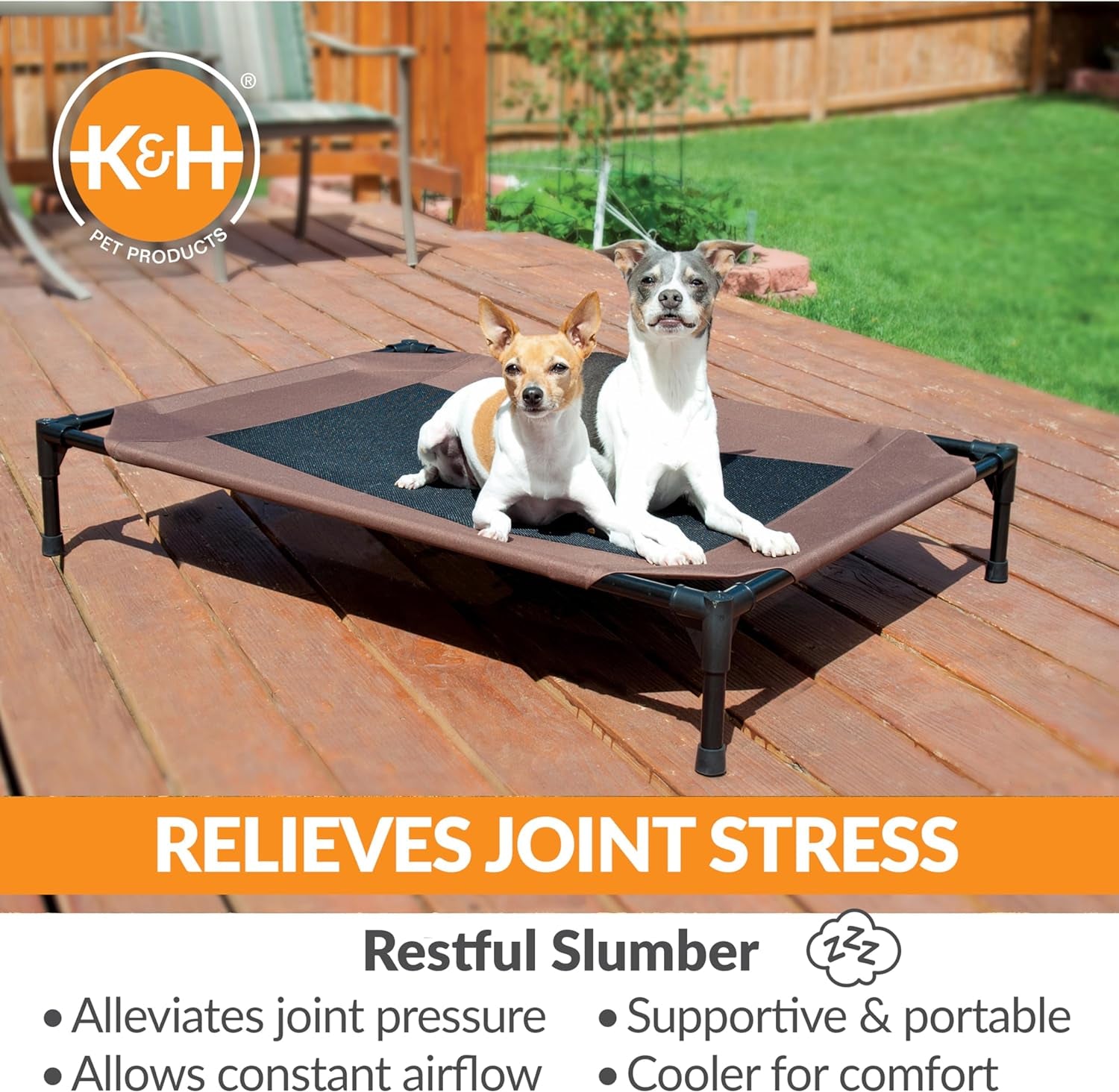 K&H Pet Products Outdoor Elevated Dog Cot, Breathable Cooling Elevated Cot Hammock Pet Bed for Large Dogs, Washable Mesh Cover, Raised Metal Frame, Collapsible, Portable - Large 42 X 30In Chocolate