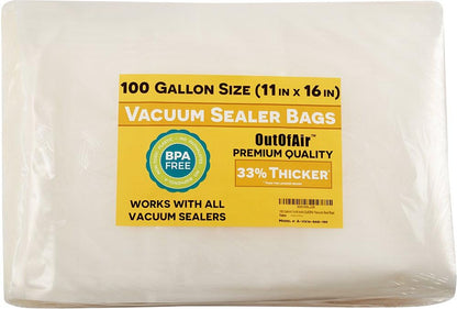 Premium 100 Gallon Vacuum Sealer Bags (11" X 16") - BPA Free, 33% Thicker, Compatible with Foodsaver & More - Commercial Grade Quality