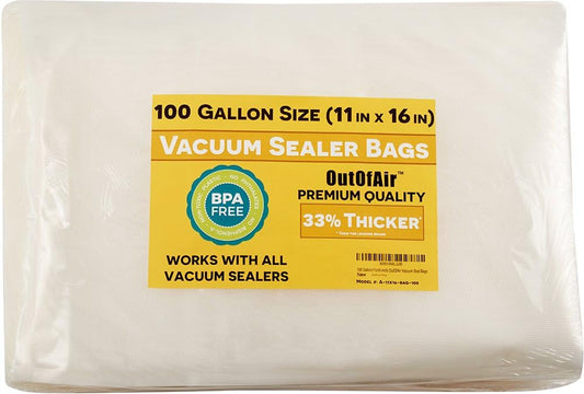 Premium 100 Gallon Vacuum Sealer Bags (11" X 16") - BPA Free, 33% Thicker, Compatible with Foodsaver & More - Commercial Grade Quality