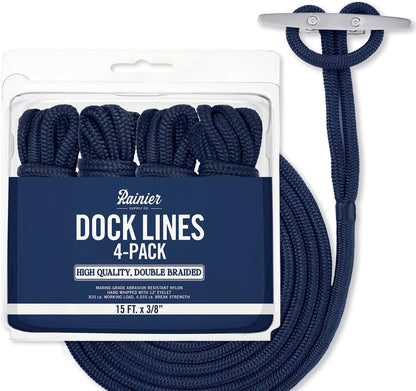 Rainiersupplyco Dock Lines - Boat Rope for Docking with Loop - 30 Ft X 3/4 Inch Premium Double Braided Nylon Marine Rope - Mooring Line with 18" Eyelet - Boat Accessories - Navy Blue