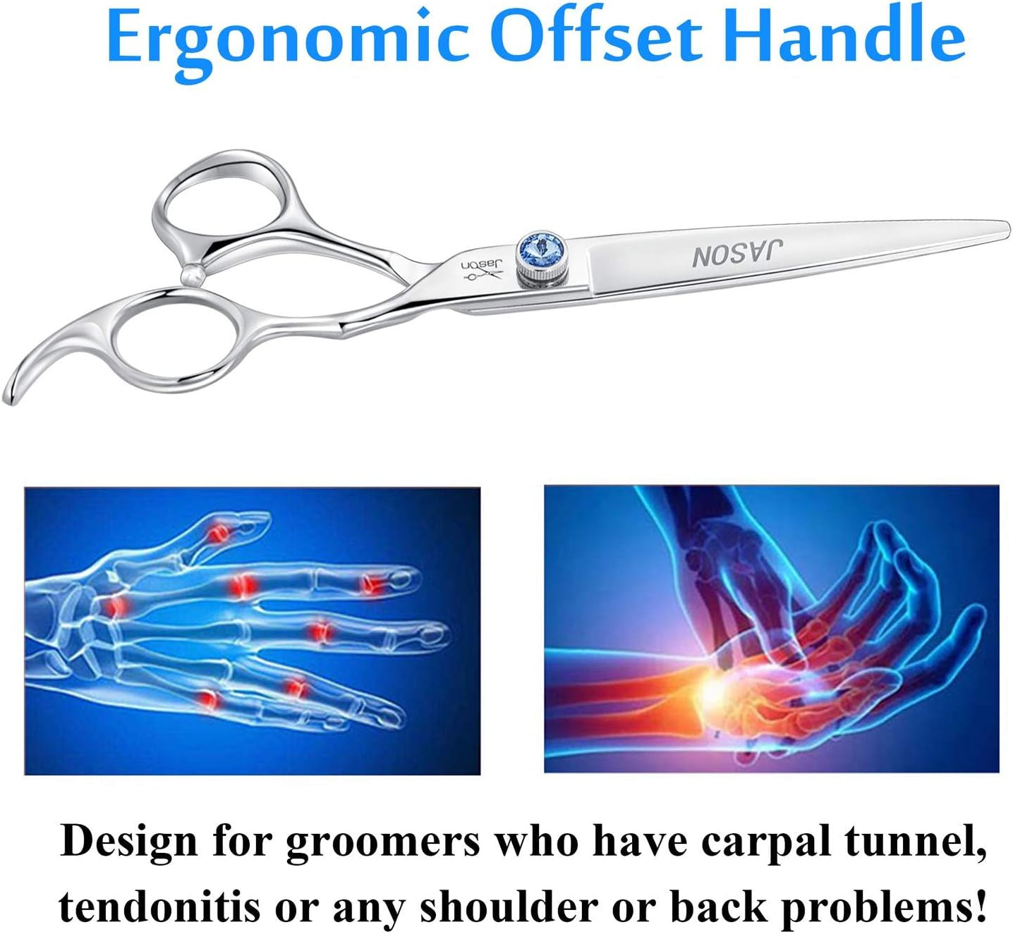 JASON 7" Straight Dog Grooming Scissors, Ergonomic Pets Grooming Shears, Premium Cats Trimming Kit with Offset Handle and Jewelled Screw, Sharp, Comfortable